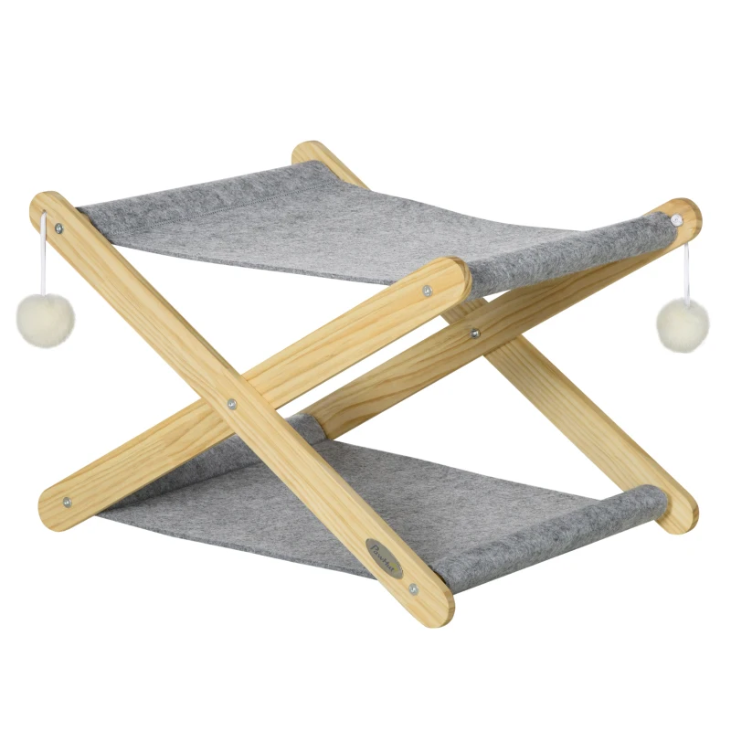 PawHut Lit pliable pour chats hamac 2 niveaux en bois et feutrine avec jeu boules suspendues - dim. 52L x 42l x 33,5H cm