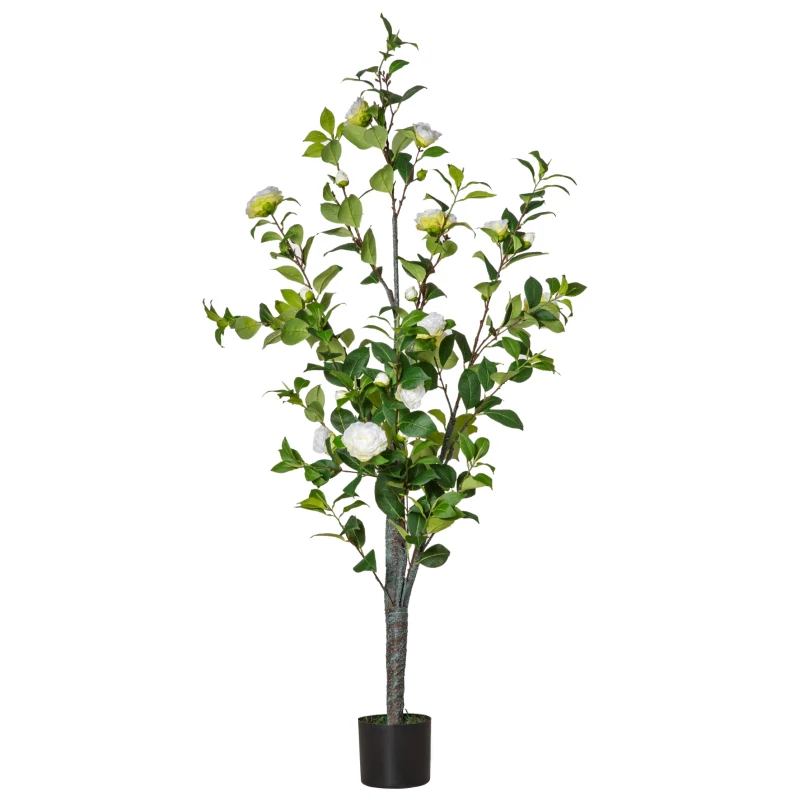 HOMCOM Árbol de Camelia Artificial 150 cm con Maceta de Cemento Hojas Realistas y Flores de Tela Planta Sintética Decoración para Hogar Oficina Interior Verde