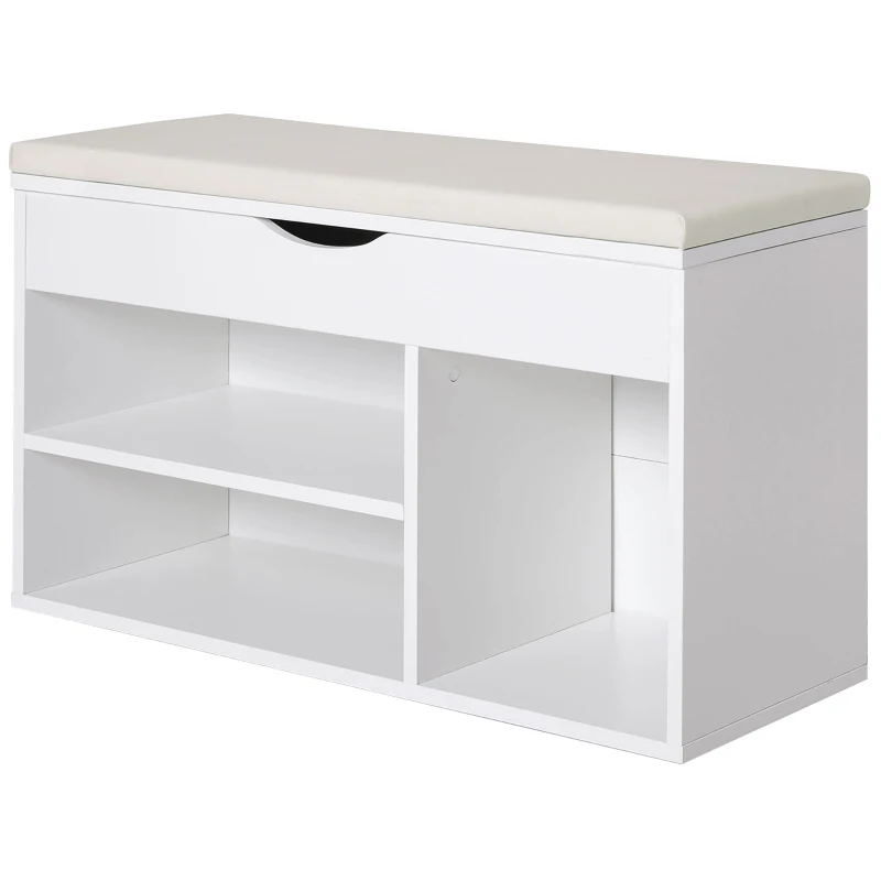 HOMCOM Panca Scarpiera, Mobile Portascarpe Salvaspazio con Sedile Imbottito Ribaltabile da Ingresso Legno, 80x30x47cm, Bianco