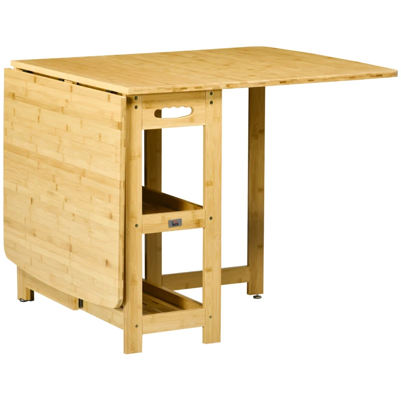 HOMCOM Masă Pliabilă, Masă de Dining, două laturi pliabile, două rafturi, picioare reglabile, bambus, 149,5 x 80 x 73,5 cm