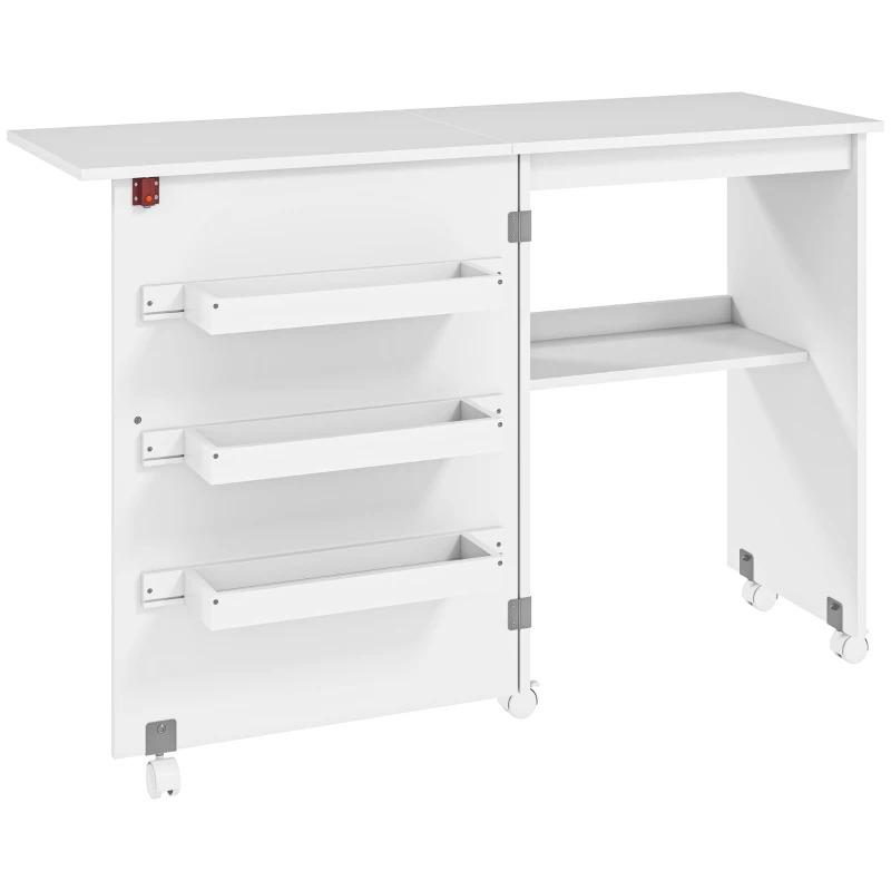 HOMCOM Masă de cusut pliabilă mobilier de cusut cu blat rabatabil, coșuri de depozitare, raft deschis și roți, alb