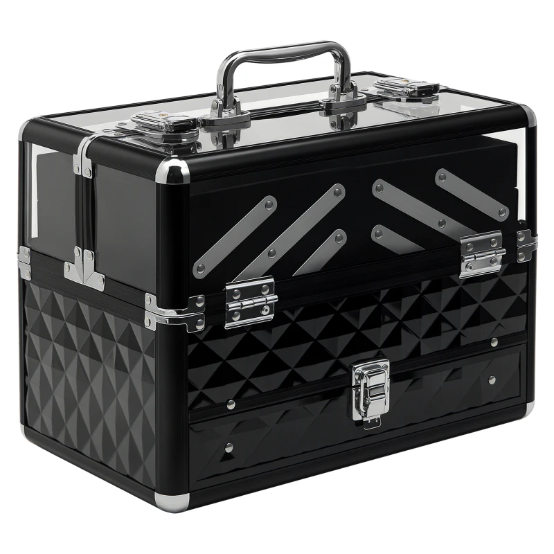 HOMCOM Maletín de Maquillaje Bisutería Organizador Cosméticos Portátil Múltiples Niveles Con Asa y Bandejas Desplegables Aleación de Aluminio 30x18,5x22 cm Transparente y Negro