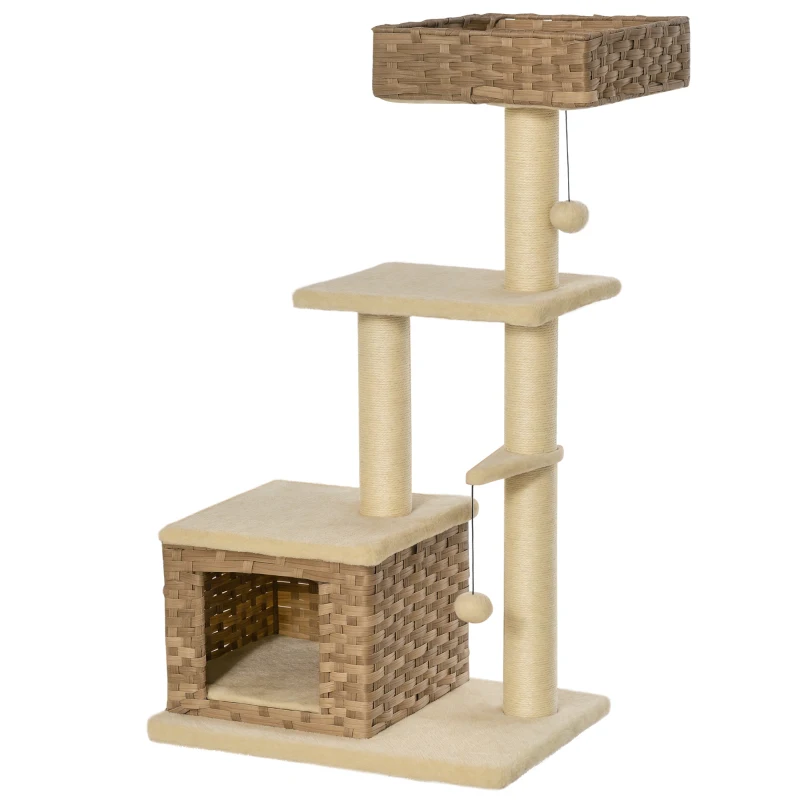 PawHut Rascador Árbol para Gatos 60x40x109 cm con Cueva de Ratán Cojín Plataformas Cama Bolas de Juego y Postes de Rascar de Sisal Natural Beige y Marrón