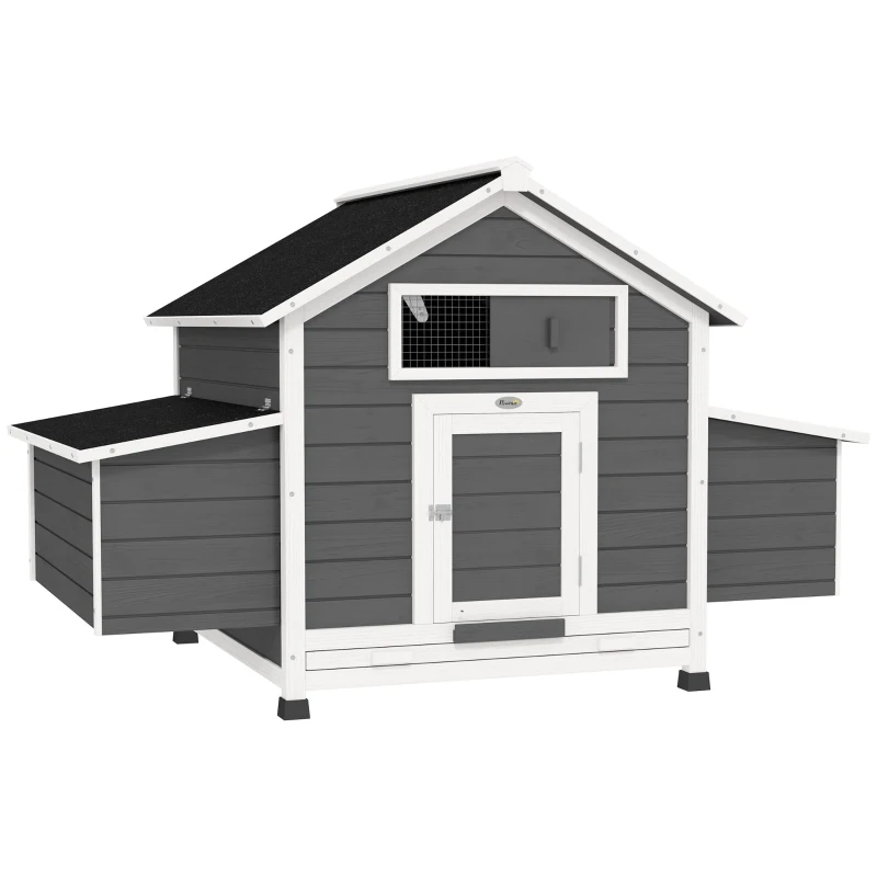 PawHut Gallinero para Exterior Gallinero de Madera con 2 Nidos Bandeja Extraíble Techo Abatible 150x100x96,5 cm Gris y Blanco