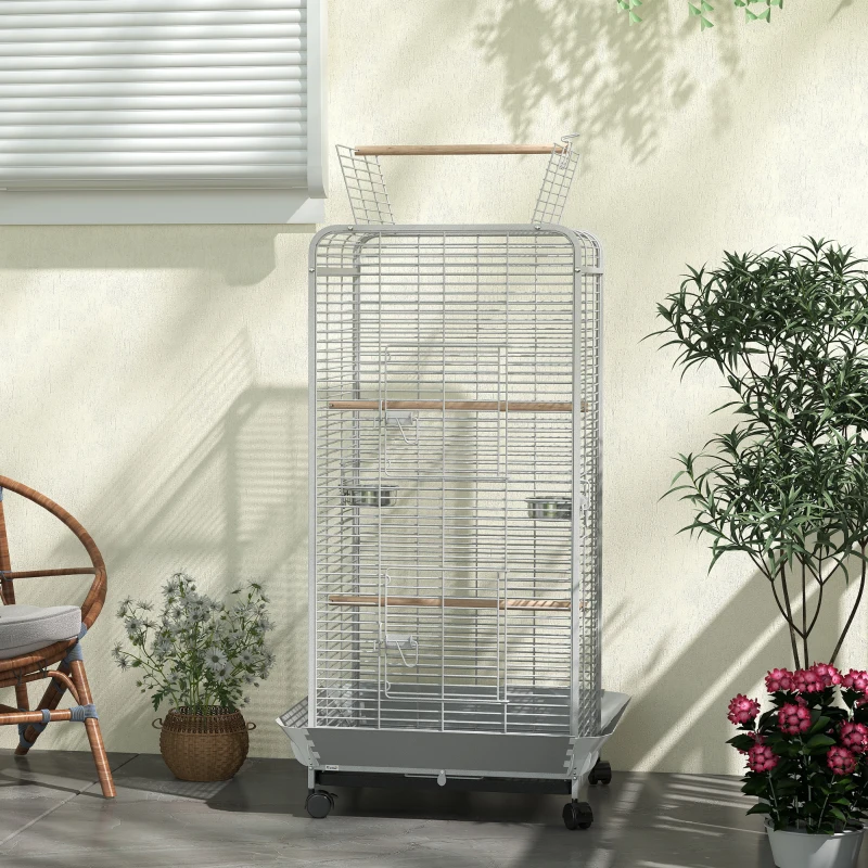 PawHut Cușcă pentru Papagali cu Ruedas Perches Hrănitori și Tavă Detașabilă Pajarera pentru Cacatúas Cotorras 79x73x146cm Gri Deschis