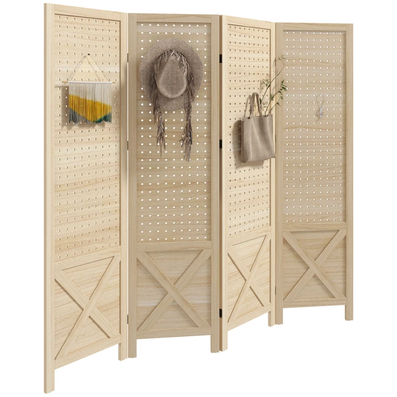 HOMCOM, Paravan interior din lemn, 4 panouri, separator de cameră pliabil, panou perforat, 152 x 1,7 x 144,5 cm, lemn natural