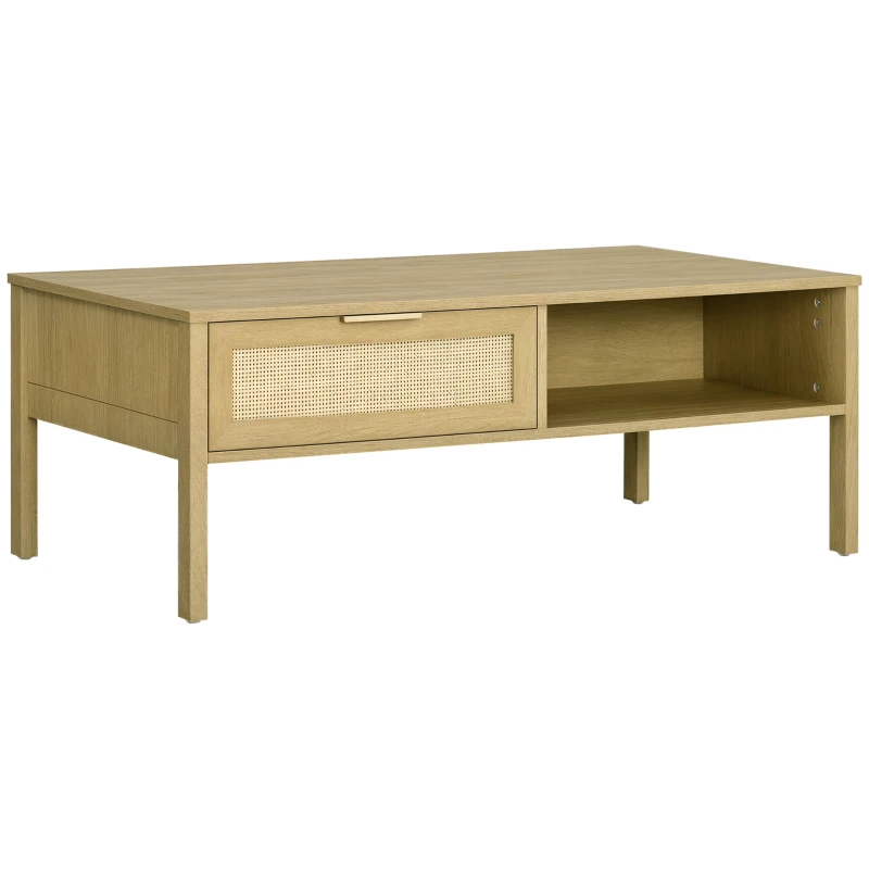 HOMCOM Table basse rectangulaire table de salon avec multi-rangements niche et tiroir portes effet cannage rotin tissé