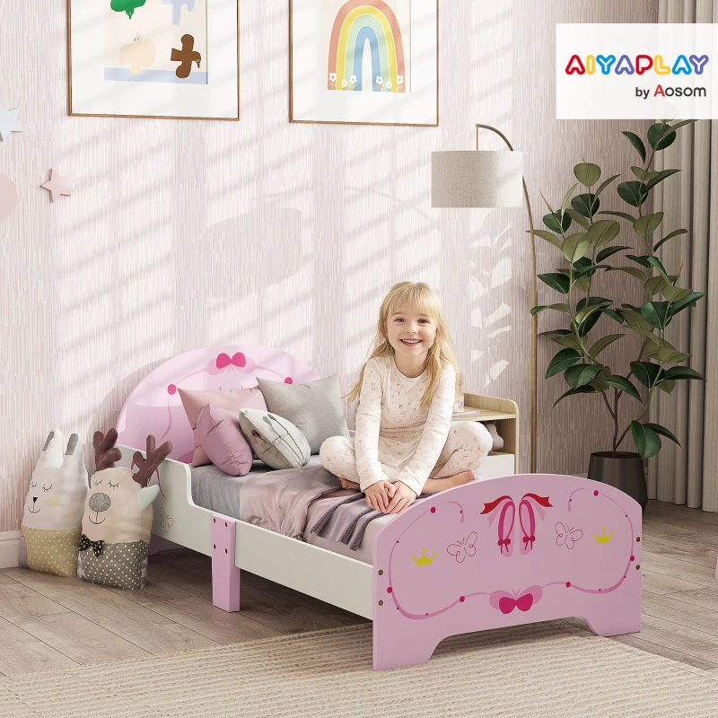 AIYAPLAY Ballet Theme Toddler Bed Frame with Safety Rails for 3-6 Years, Pink