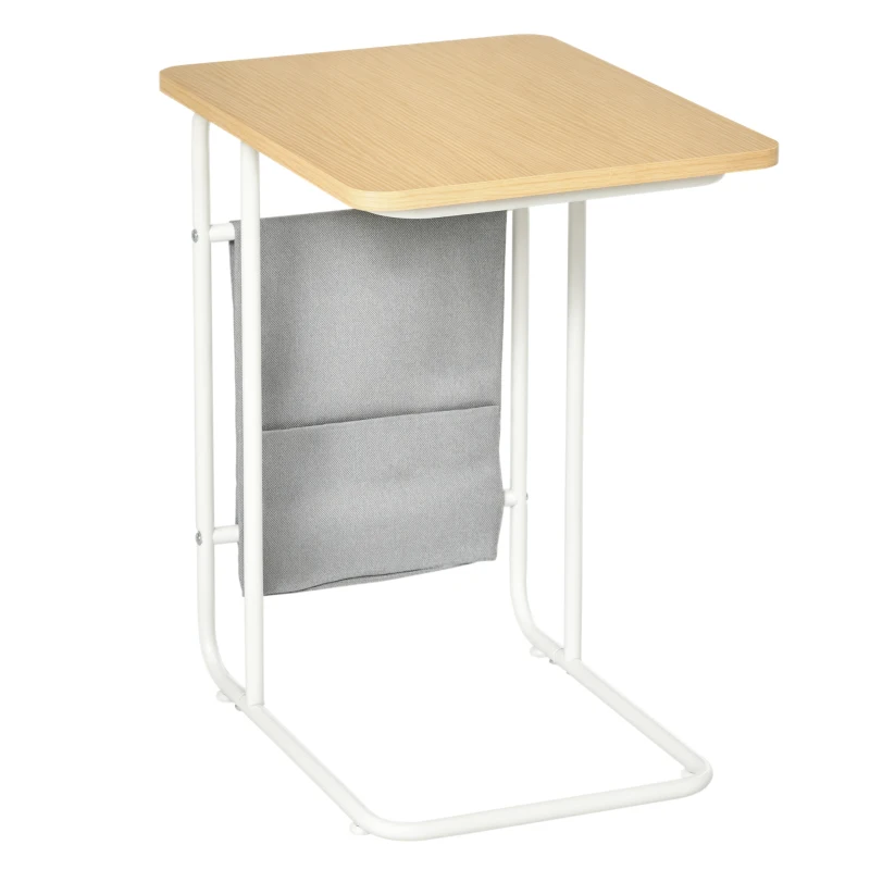HOMCOM Table Basse Table d'appoint guéridon Bout de canapé 2 Pochettes de Rangement Tissu Gris châssis métal Blanc Plateau Aspect Bois Clair