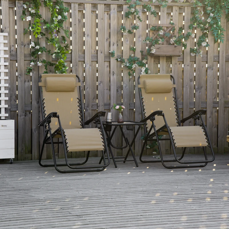 Outsunny Folding Zero Gravity Chairs, 3 Pieces Adjustable Sun Lounger and Table Set with Cup Holder and Headrest, Patio Bistro Set with Reclining Garden Chairs for Outdoor, Beige
