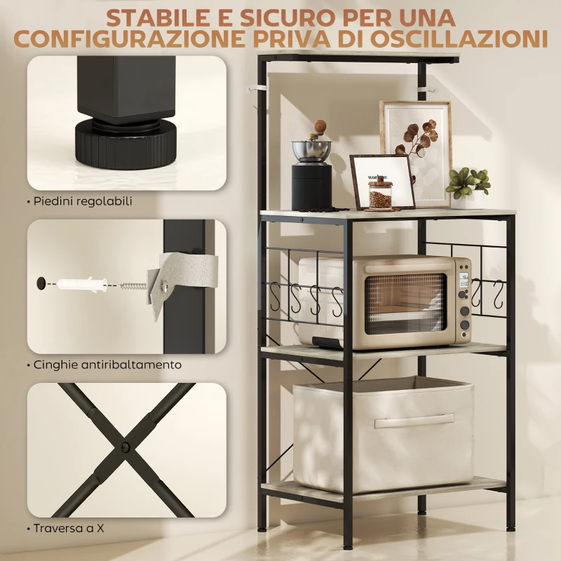 HOMCOM Scaffale Cucina a 4 Livelli con Pannelli a Rete e 8 Ganci Stile Industriale, 60x42x134.5 cm, Rovere