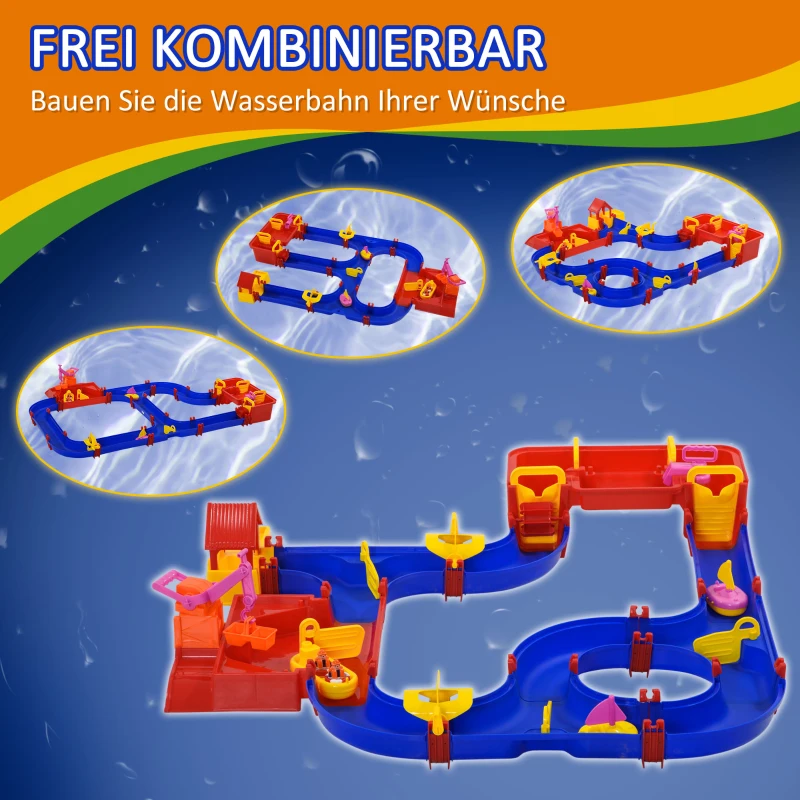 HOMCOM Kinder Wasserstraße Wasserbahnset Spielzeug Wasserspiel 78-teiliges Spielset Lernspielzeug für 3-6 Jahre Garten Outdoor Wassertisch Kinder Wasserspielspaß Kunststoff 123 x 111 x 7 cm