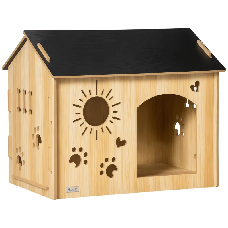 PawHut Casa de Madeira para Cães Casa para Animais de Estimação com Porta Dianteira Desenhos 69x50x58,5cm Madeira e Preto