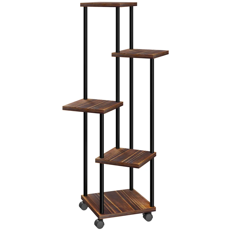 Outsunny Soporte para Plantas de Madera y Acero de 3 Niveles con 5 Estantes Cuadradas y 4 Ruedas 59x59x110 cm Carbonizado