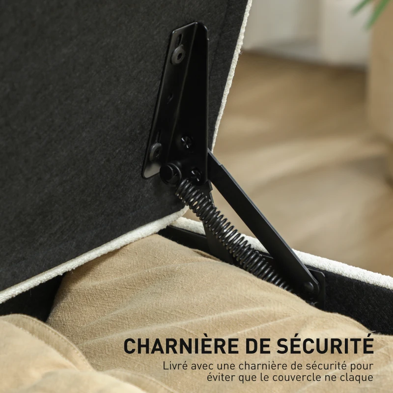 HOMCOM Banc de rangement 112L banquette bout de lit en tissu de lin, siège capitonné, 120 x 40 x 48 cm, crème