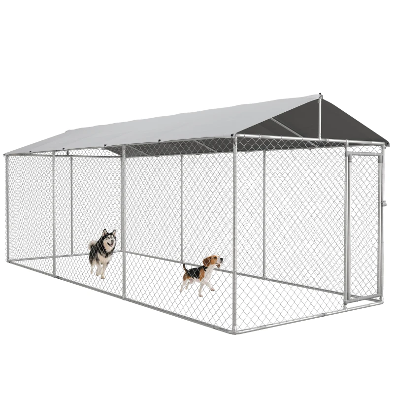 PawHut Canil de Exterior para Cães Parque para Cães com 1 Porta Estrutura de Aço Toldo Impermeável e Anti-UV 600x230x230 cm Prata
