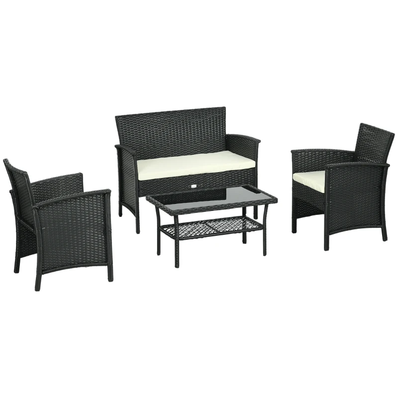 Outsunny Conjunto de Jardín de Ratán Sintético con 2 Sillones 1 Sofá Doble 1 Mesa de Centro con Encimera de Vidrio Negro y Crema