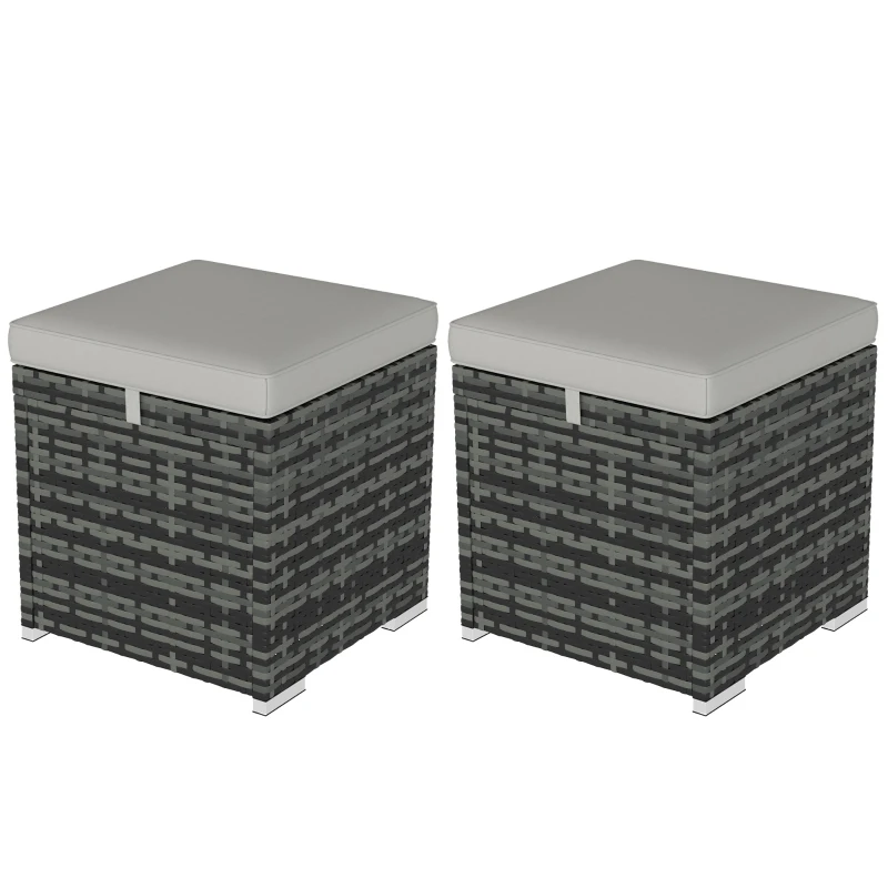 Outsunny Lot de 2 tabourets avec espace de rangement en rotin PE repose-pied de jardin avec coussin 40 x 40 x 41 cm, gris clair