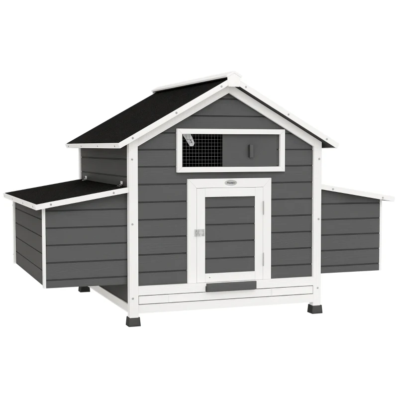PawHut Gallinero para Exterior Gallinero de Madera con 2 Nidos Bandeja Extraíble Techo Abatible 150x100x96,5 cm Gris y Blanco