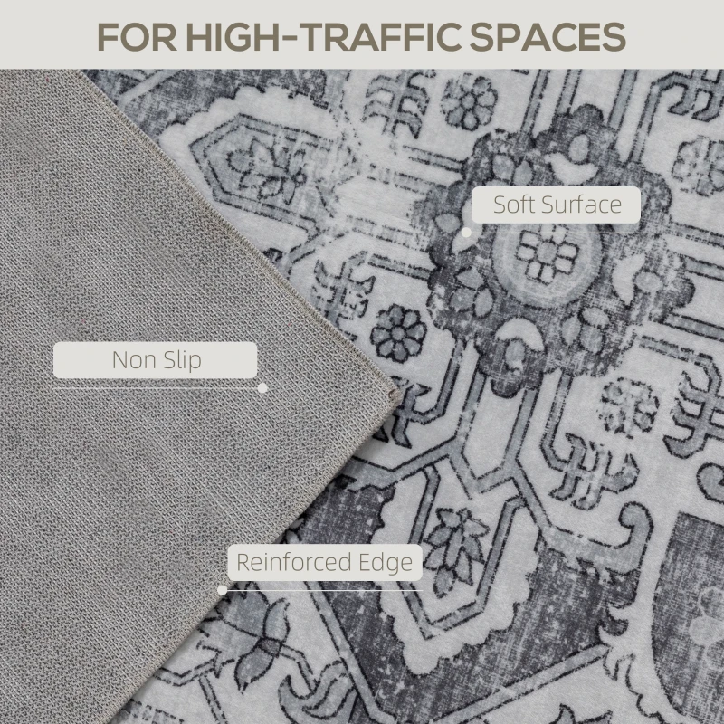 HOMCOM Vintage Area Rug, Non-Slip Washable Rug, Flannel Floor Carpet for Living Room, Bedroom, Dining Room, Home Office, 170 x 120 cm, Grey