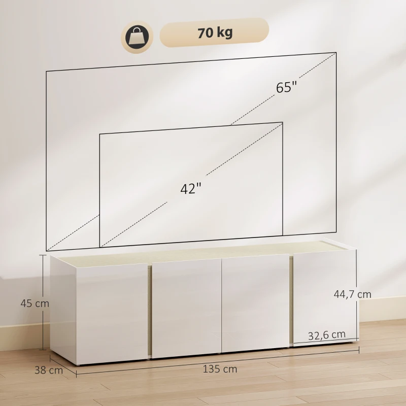 HOMCOM TV-kast voor 65-inch televisie, televisiekast met soft-close deuren, aanpasbare planken, kabeldoorvoeren, voor woonkamer, Wit(m-3)