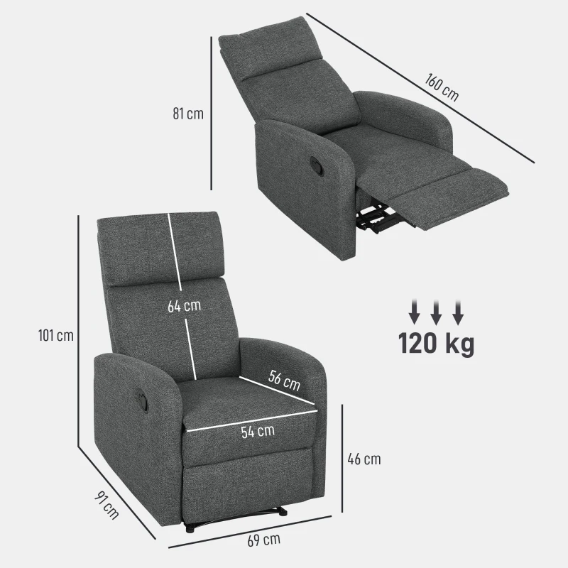 HOMCOM Fotoliu Modern Reclinabil 145° max, Tapițat din Chenille Gri