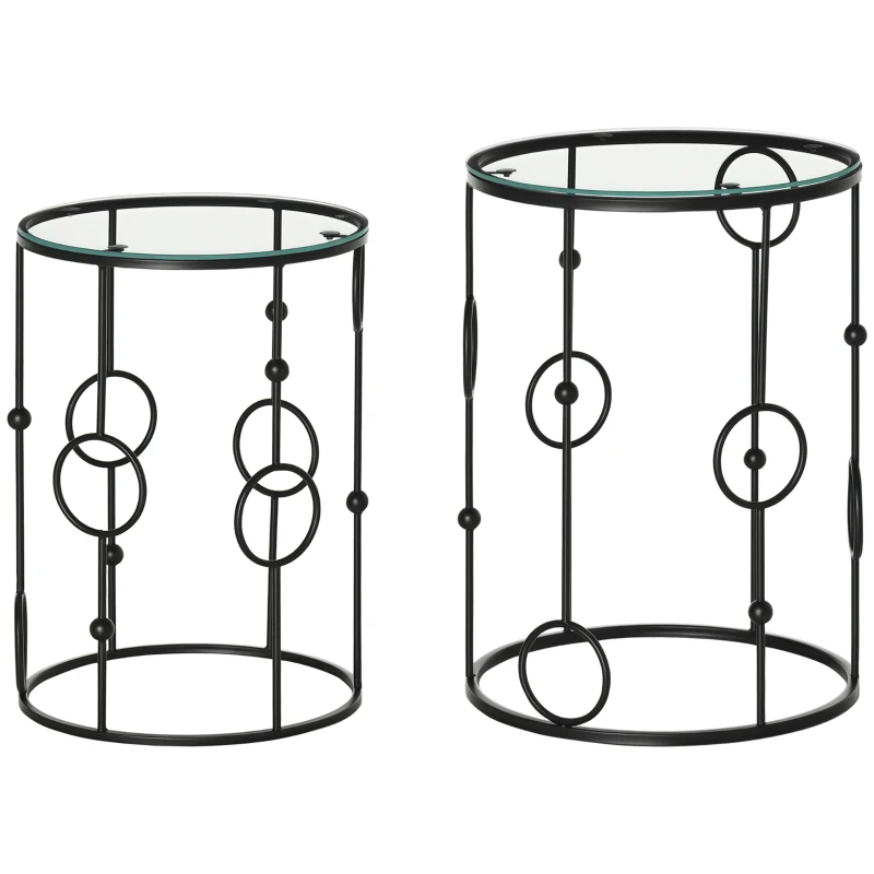 HOMCOM Set di 2 Tavolini da Caffè Impilabili in Metallo e Vetro Temperato Ø41x57cm e Ø36x51cm, Nero