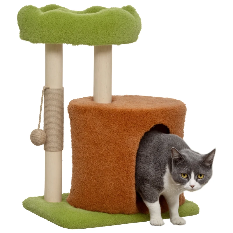 PawHut Albero Tiragraffi per Gatti con Casetta, Lettino e Pallina Giocattolo, in Legno e Peluche, 44x33x61 cm, Verde