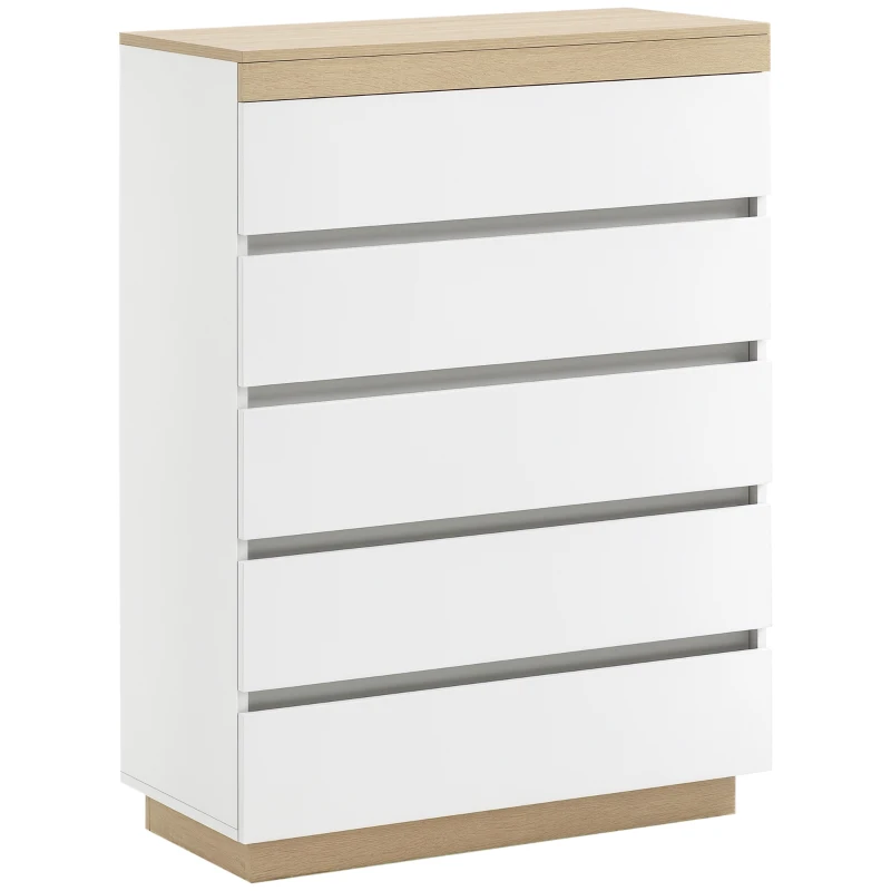 HOMCOM Kommode mit 5 Schubladen Schubladenkommode Mehrzweckschrank Sideboard Schrank Eiche+Weiß 80 x 40 x 109 cm