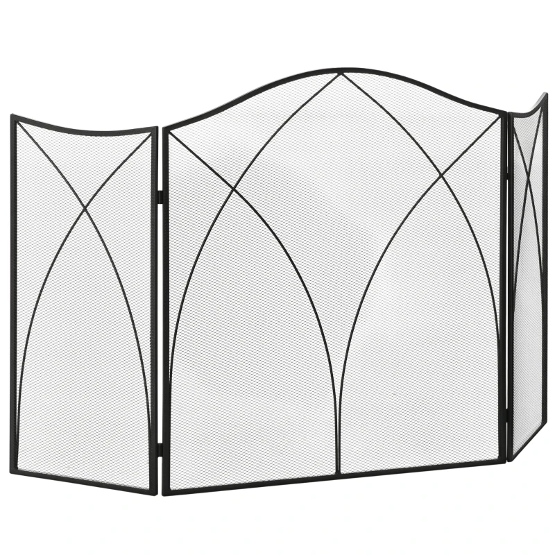 HOMCOM Parascântei pentru Șemineu din 3 Părți Pliabil cu Decorațiuni, Paravan de Protecție din Metal, 126x2x76 cm, Negru