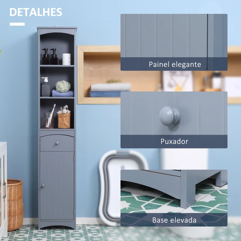 HOMCOM Coluna Casa de Banho com 1 Gaveta Armário e 3 Prateleiras Abertas Armário Alto para Casa de Banho 34x24x170 cm Cinzento