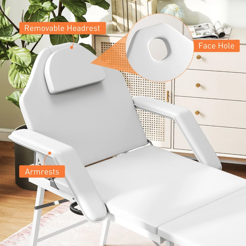 HOMCOM Portable Massage Table, 3 Section Adjustable Beauty Bed, Foldable Massage Bed with Face Hole, Recliner Chair with Removable Headrest and Armrests for Spa, Lash, Tattoo, White