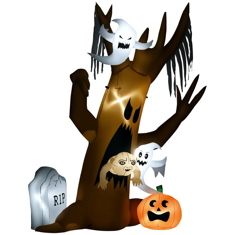HOMCOM Halloween-Deko, 2,40m großer Geisterbaum, selbstaufblasend, LED-Beleuchtung, für Außenbereiche