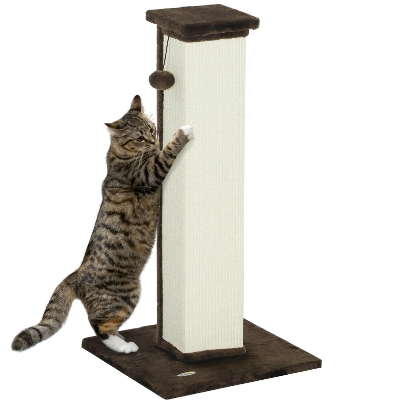 PawHut Grattatoio per Gatti Asta Grattatoio Gatto in Sisal e Peluche, Pallina Sospesa Base Stabile, 41 x 41 x 81 cm Marrone e Crema