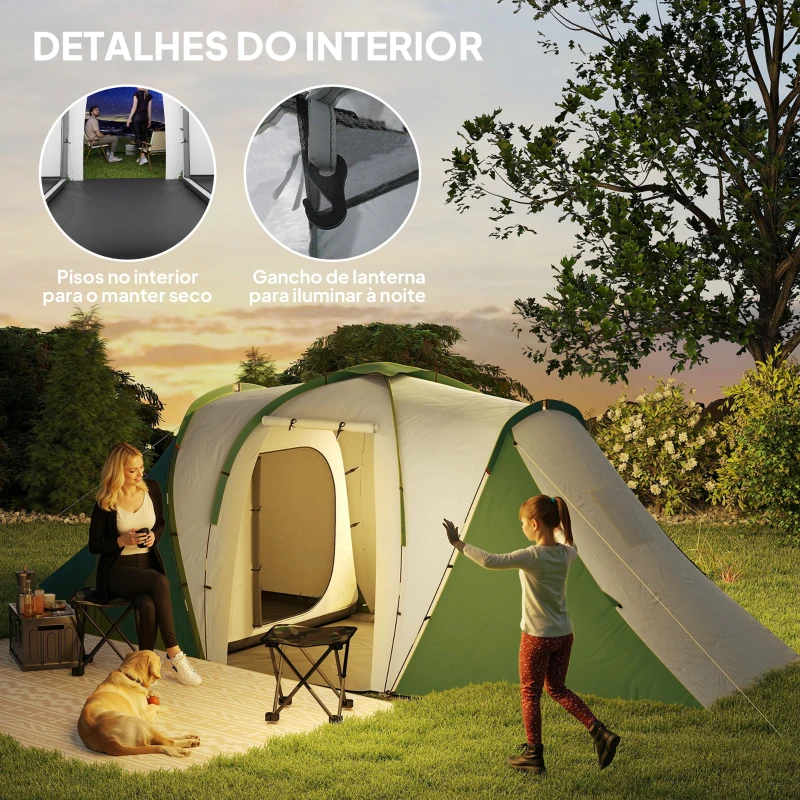 Outsunny Tenda de Campismo Familiar para 4-6 Pessoas com 2 Dormitórios Impermeável 3000 mm com Bolsa 555x225x190 cm Cinza e Verde