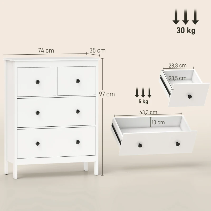 HOMCOM Cómoda con 4 Cajones, para Ropa & Ropa de Cama, Salón, Dormitorio, Pasillo, Tablero de Partículas, Blanco
