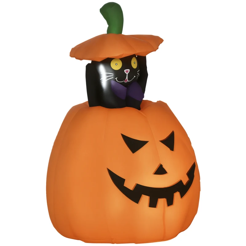 Outsunny Calabaza Inflable de Halloween con Gato Decoración de Halloween con Luces para Exterior 76x64x91-115 cm Naranja