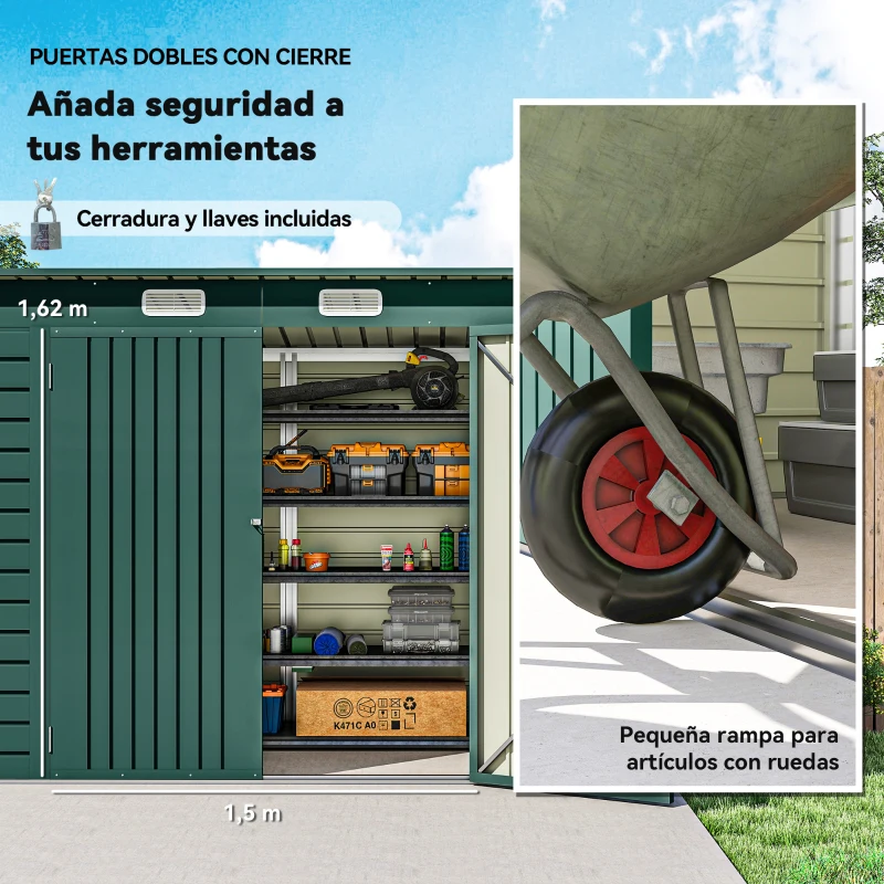 Outsunny Caseta de Jardín Exterior 2,7m² 249x121x183 cm con Doble Puerta 2 Ventilaciones y Pestillo Verde