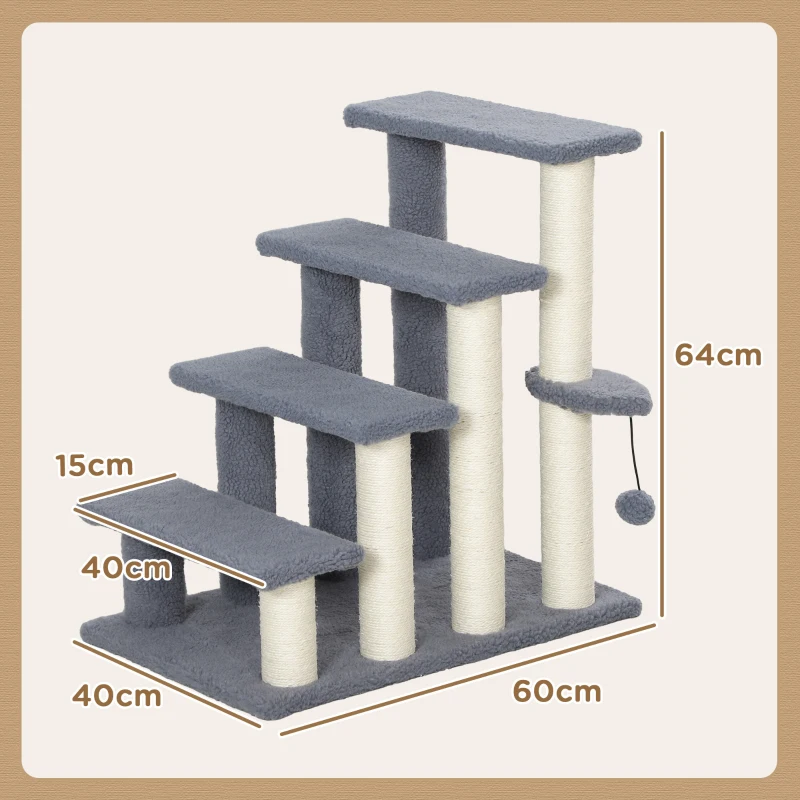 PawHut Arranhador para Gatos de 4 Níveis Escada para Animais de Estimação Revestida com Franela Suave Poste de Sisal Bola Suspensa 60x40x64 cm Cinzento