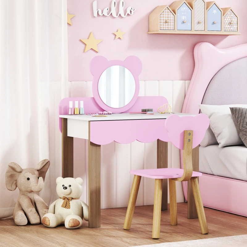 AIYAPLAY Conjunto de Tocador con Taburete para Niños, Espejo de Maquillaje en Forma de Oso, Cajón, MDF, Rosa