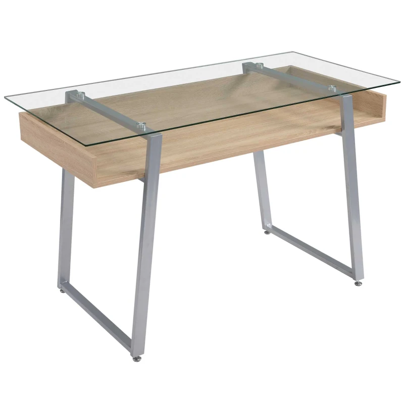 HOMCOM Bureau d'Ordinateur Table Informatique avec Plateau Verre Trempé Étagère de Rangement Support en Métal 120 x 60 x 74,5 cm