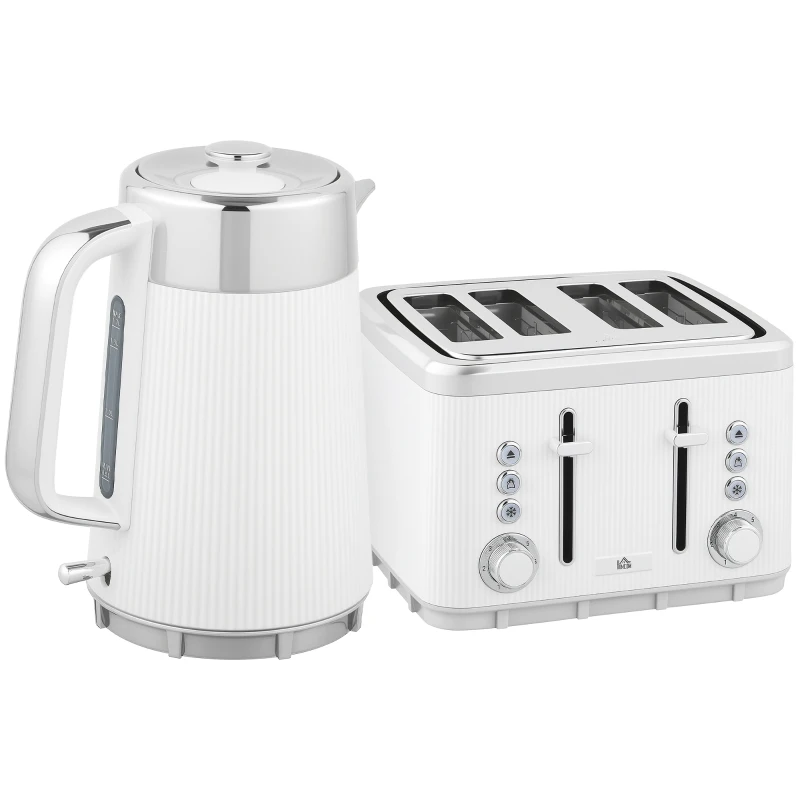 HOMCOM Electric Kettle and Toaster Set, 3000W 1.7L UK Strix Thermostat Rapid Boil Jug Kettle with Limescale Filter, Cool Touch Body, 4 Slice Toaster with 7 Browning Controls, Crumb Tray, White