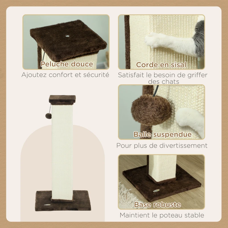 PawHut Griffoir pour chat poteau griffoir chat en sisal et peluche, boule suspendue base stable 41 x 41 x 81 cm marron et crème