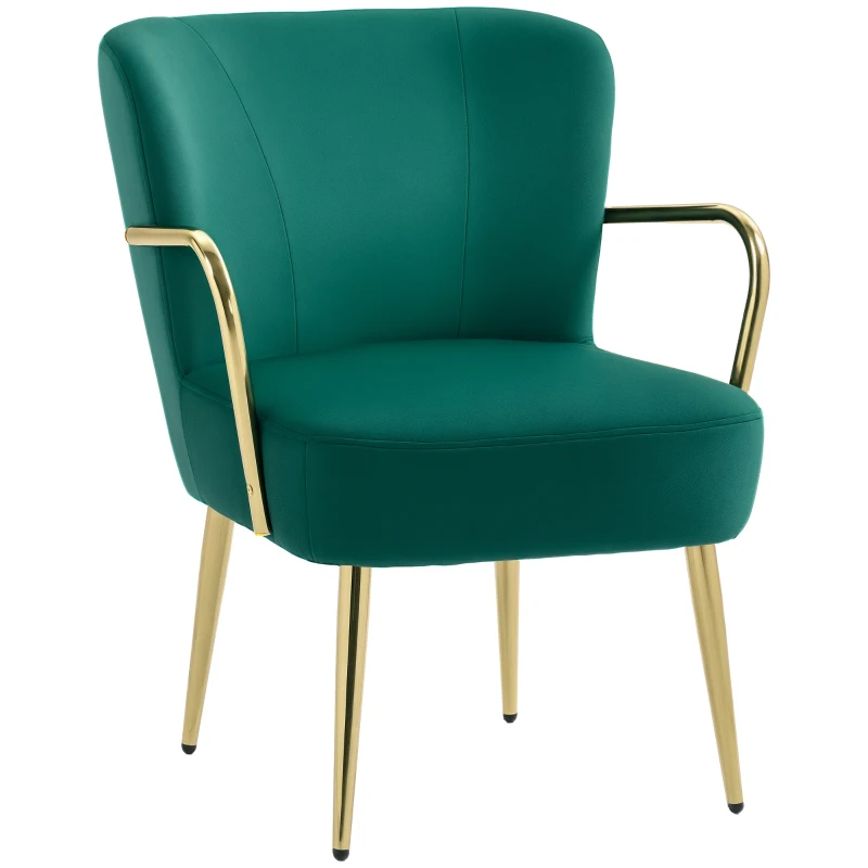 HOMCOM Fotoliu Tapițat în Stil Retro din Catifea cu Brațe și Picioare Aurite, 62x69x79 cm, Verde