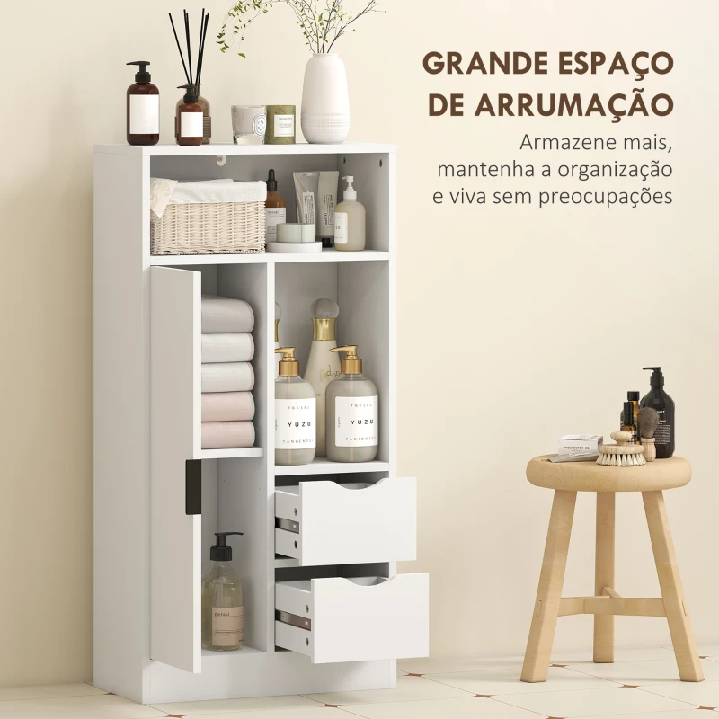 HOMCOM Móvel de Casa de Banho Estreito com 2 Gavetas Compartimento Aberto e Prateleiras Ajustáveis 50x25x100 cm Branco