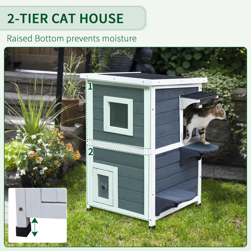 PawHut® kattenhuis 2 verdiepingen kattenvilla met trappen asfaltdak raam vurenhout grijs 51 x 51 x 81,3 cm(m-5)