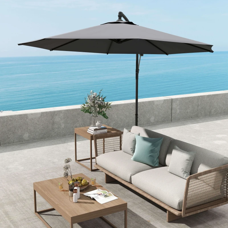 Outsunny 3(m) Garden Parasol Sun Shade Patio Banana Hanging Umbrella Cantilever with Crank Handle and Cross Base Grey