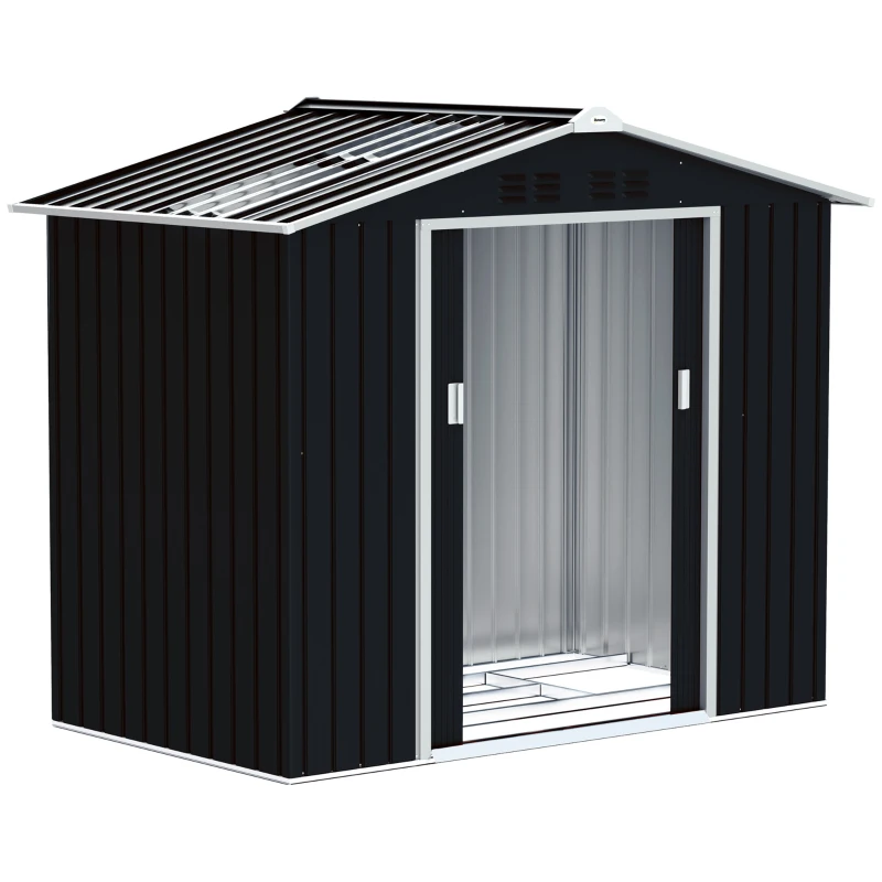 Outsunny Abrigo de Jardim 2,42 m 213x130x185 cm Abrigo de Jardim Metálico para Armazenamento com 2 Portas Deslizantes e 4 Janelas Cinza Escuro