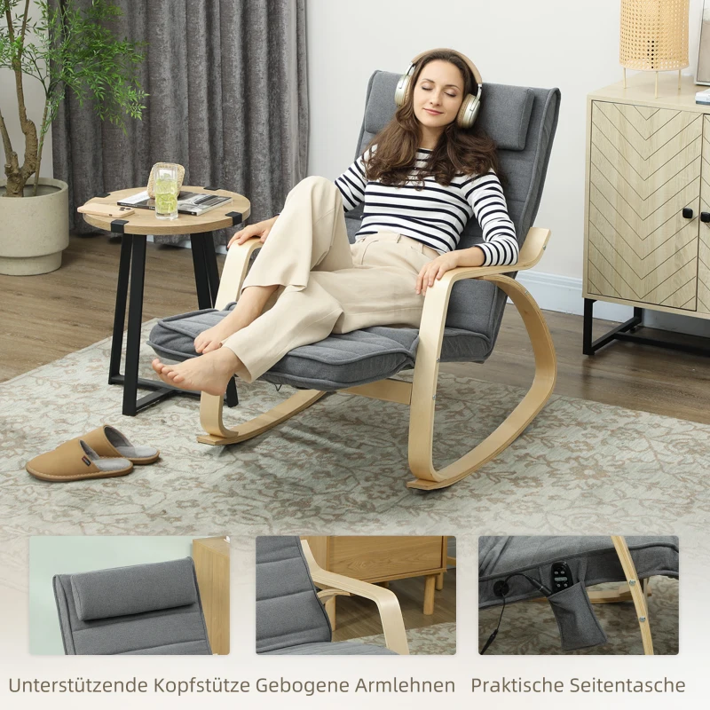HOMCOM Schaukelstuhl mit Massage-Funktion, Lendenheizung, 3 Modi, Stoffbezug, Grau(m-8)