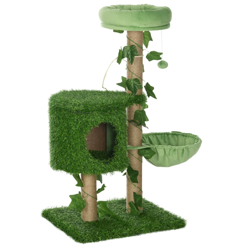 PawHut Árbol Rascador para Gatos 91 cm con Caseta Cama Hamaca Poste de Yute y Bola Colgante 50x40x91 cm Verde